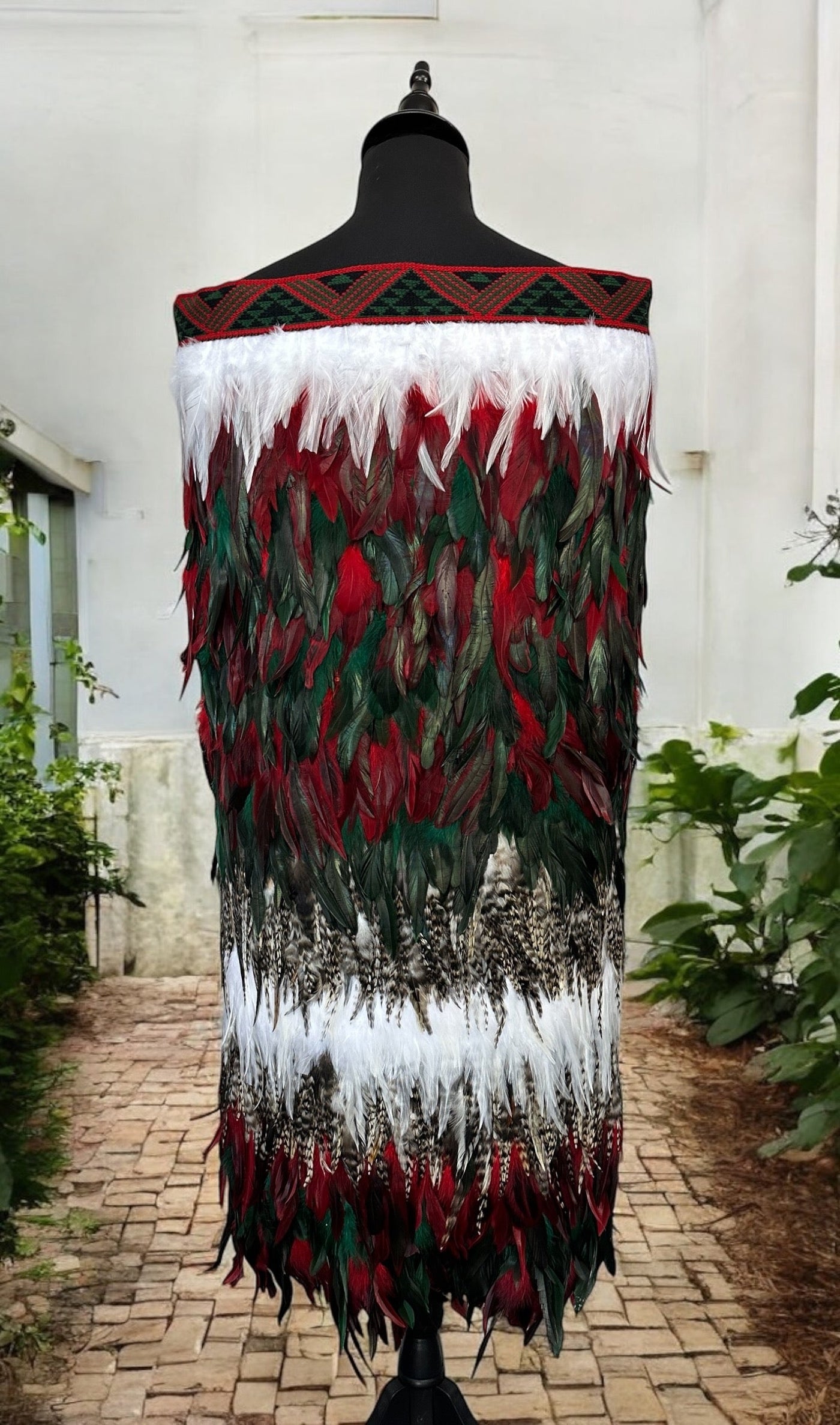 Adult Full Length Large Pre Made Korowai - Aayla Forest Green & Red Whanake-Contemporary Korowai Designs