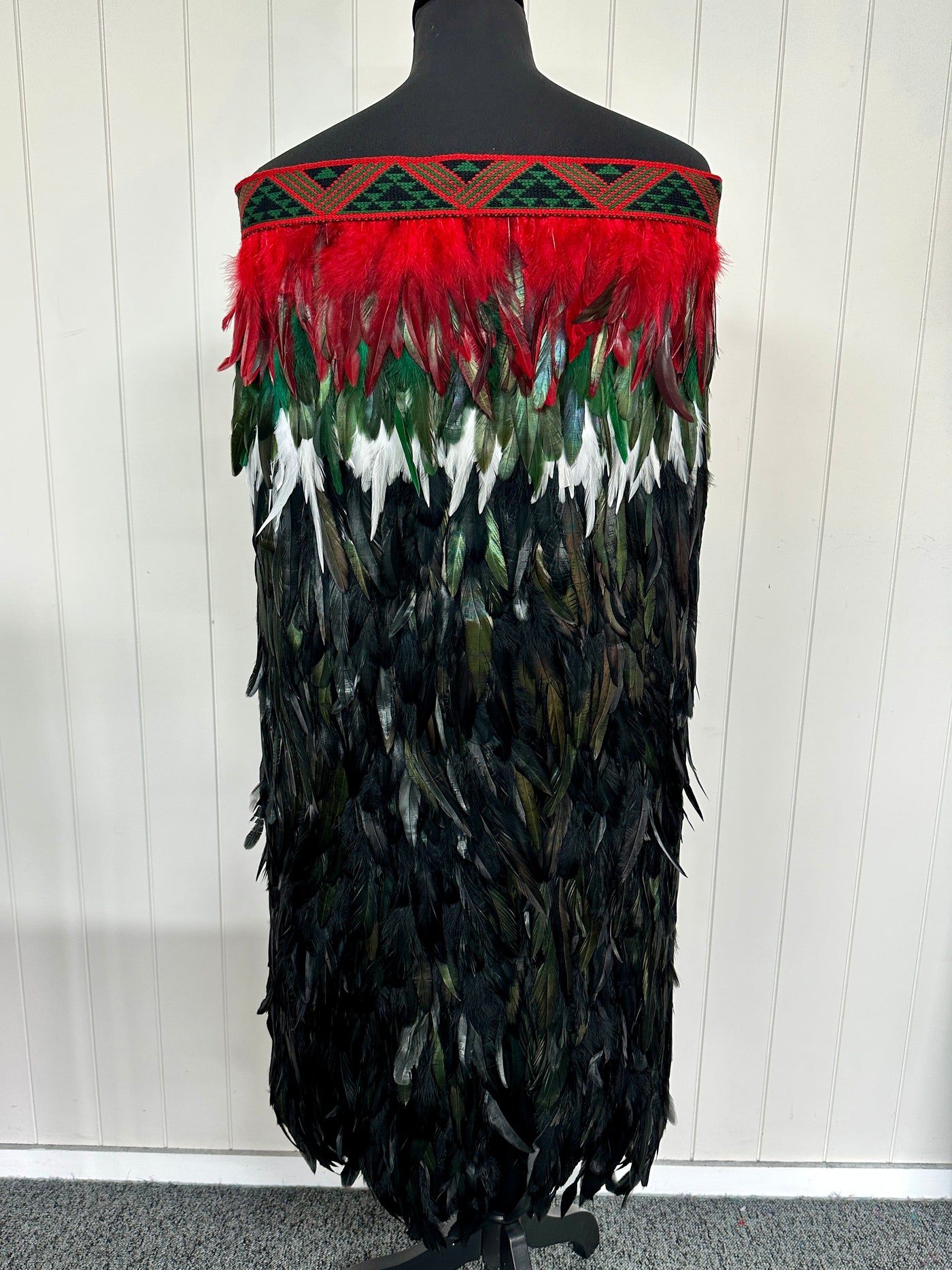 Adult Full Length Large Pre Made Korowai - Tana Kereru Forest Green & Red Whanake-Contemporary Korowai Designs