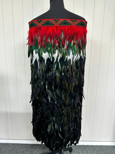 Adult Full Length Large Pre Made Korowai - Tana Kereru Forest Green & Red Whanake-Contemporary Korowai Designs