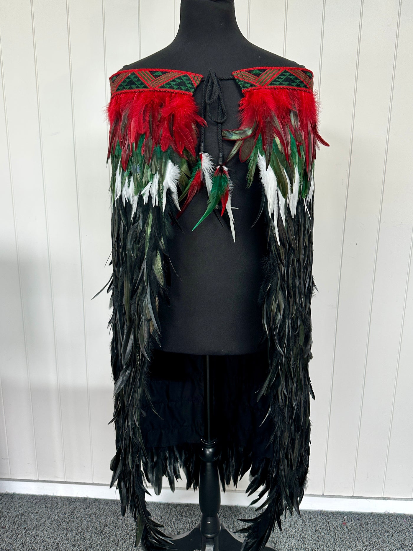 Adult Full Length Large Pre Made Korowai - Tana Kereru Forest Green & Red Whanake-Contemporary Korowai Designs